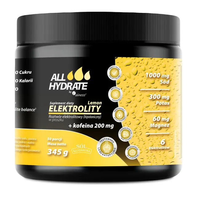 ALLHydrate, Elektrolity Lemon + Kofeina 200 mg, 345 g, 50 porcji, opakowanie