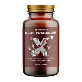 BrainMax BIO Ashwagandha (aszwaganda), 560 mg, 100 kapsułek roślinnych Suplement diety, certyfikat CZ-BIO-001, opakowanie
