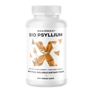 BrainMax BIO Psyllium, 800 mg, 200 kapsułek roślinnych Naturalny babka płesznik, otrzymywany z nasion babki indyjskiej. *Certyfikat CZ-BIO-001, opakowanie