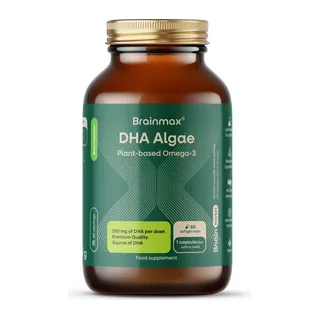 BrainMax DHA Algae, 250 mg, 60 kapsułek miękkich pochodzenia roślinnego Wysokiej jakości wegański olej z alg omega-3 z 250 mg DHA w każdej kapsułce, 60 porcji, suplement diety, opakowanie