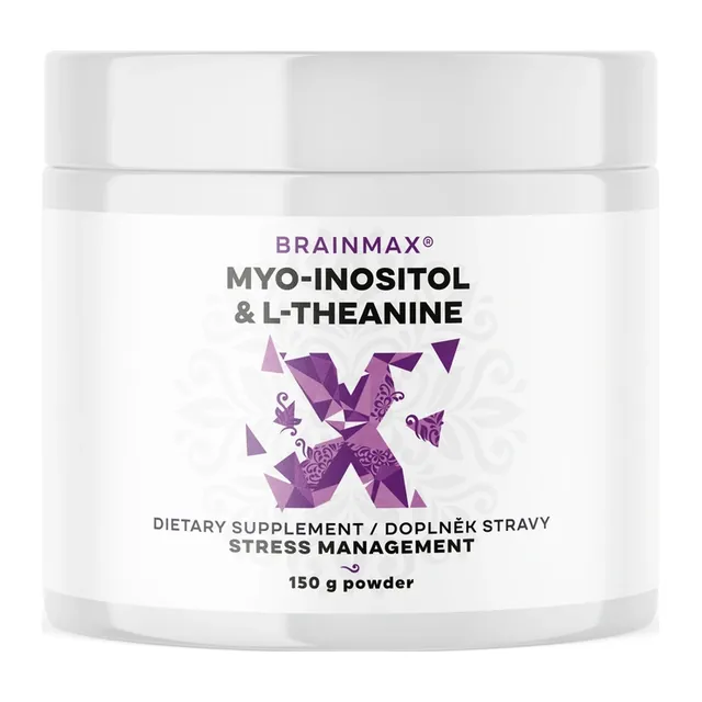 BrainMax Myo-Inositol & L-Theanine, 150 g Mio-inozytol z L-teaniną wspierający równowagę hormonalną i samopoczucie psychiczne, 250 porcji, suplement diety, opakowanie